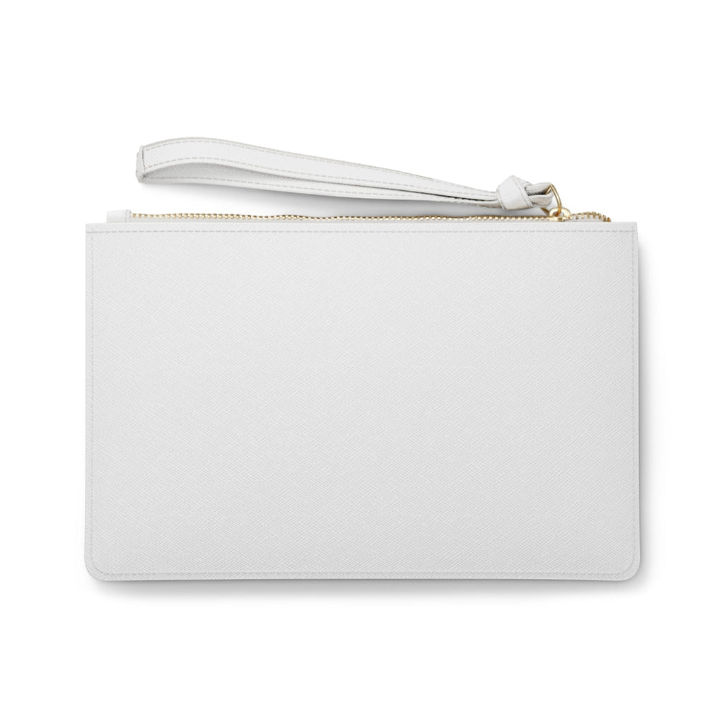 Omina white saffiano PU leather clutch wristlet with gold zipper and minimalist design for daily essentials.