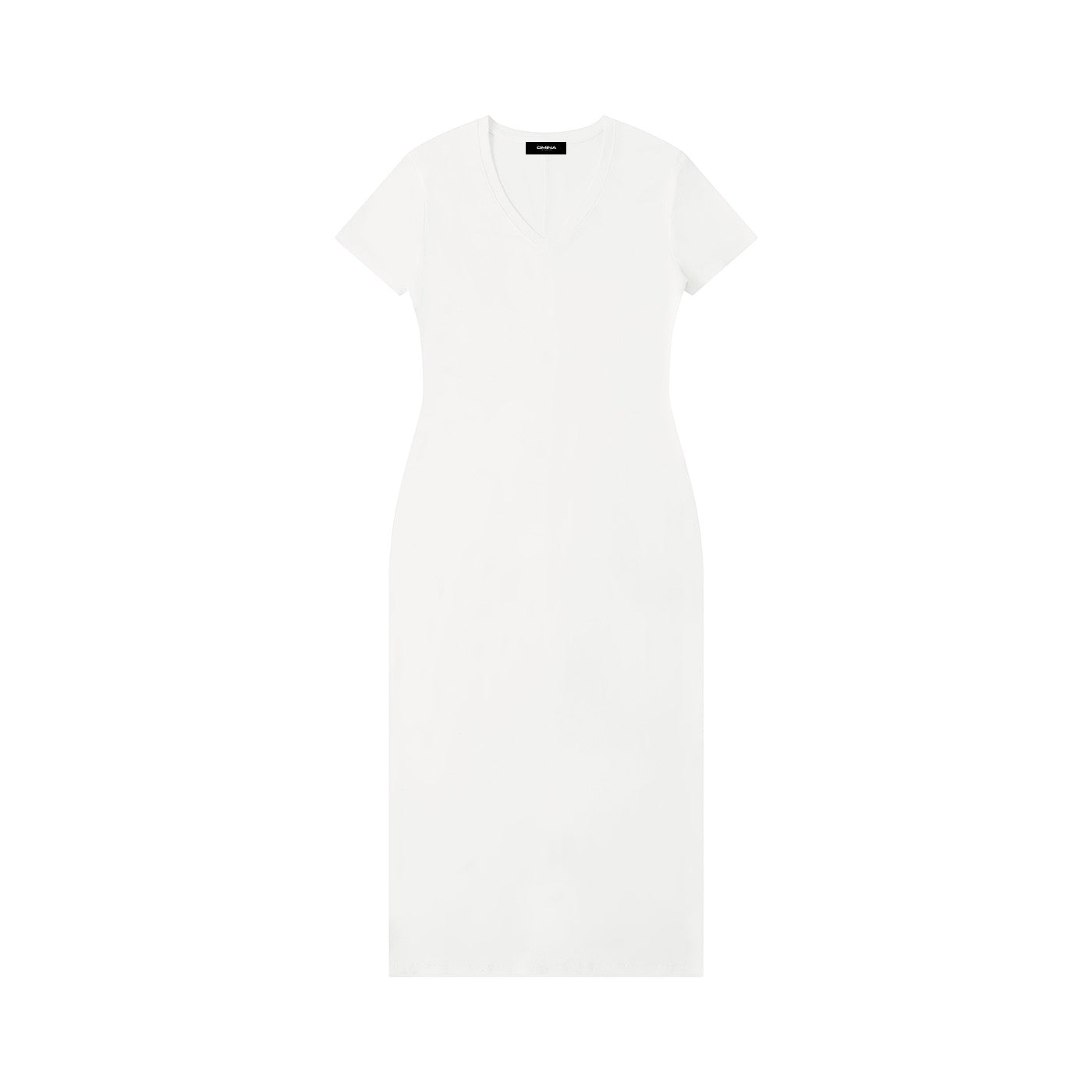 Omina white viscose blend maxi dress with V-neck, short sleeves, and body-skimming fit.