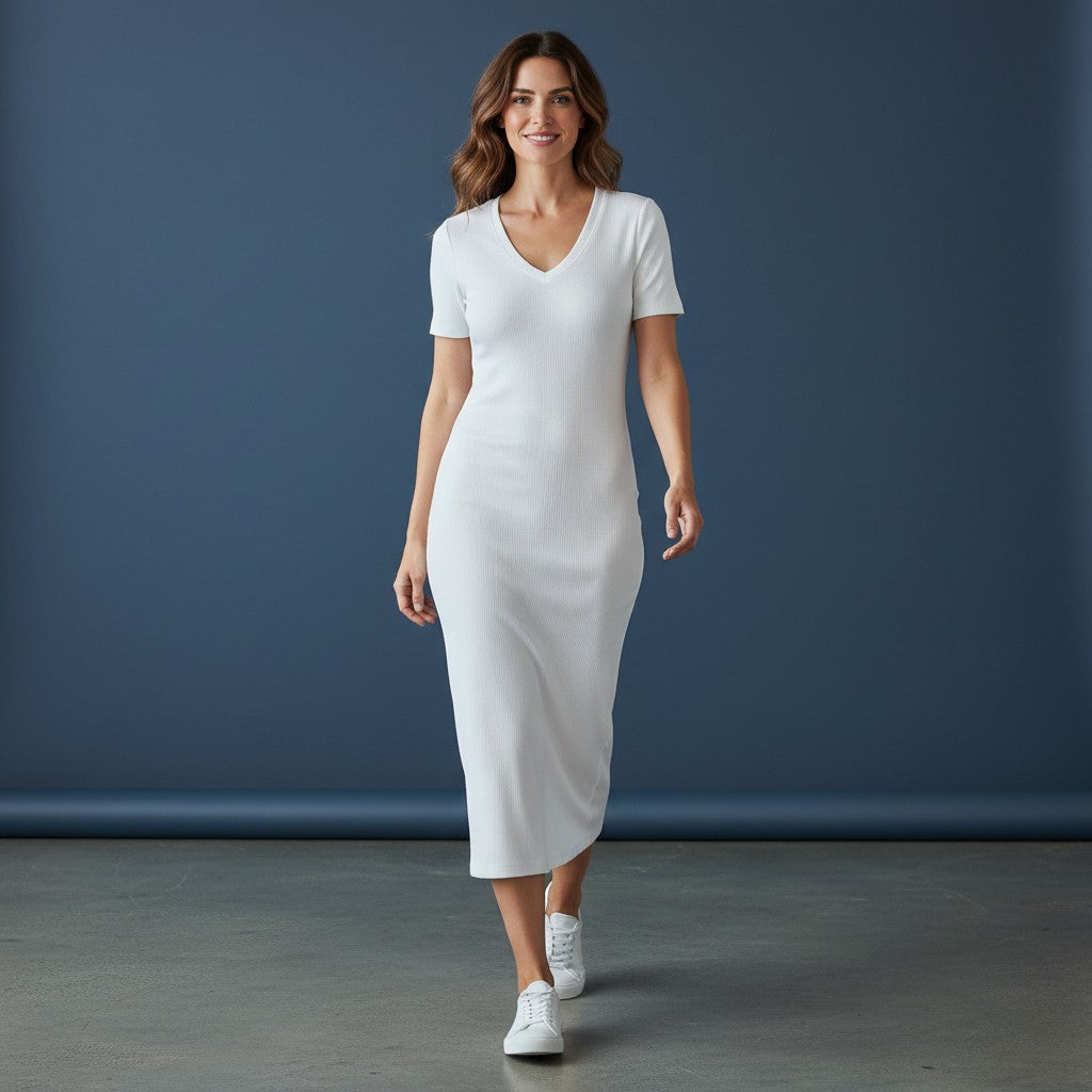 Omina white viscose blend maxi dress with V-neck, short sleeves, body-skimming fit, and side slit.
