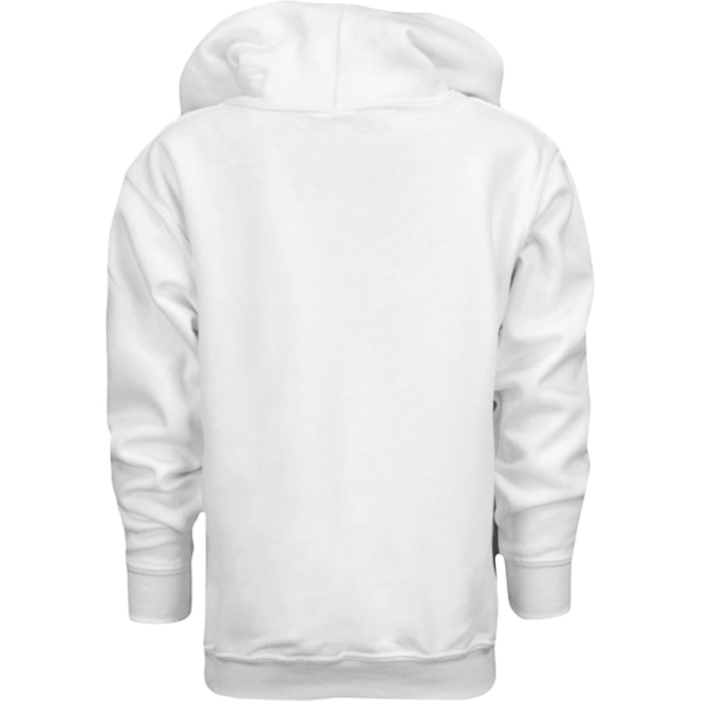 Omina white heavyweight cotton blend oversized youth hoodie with relaxed fit and graffiti-inspired details.