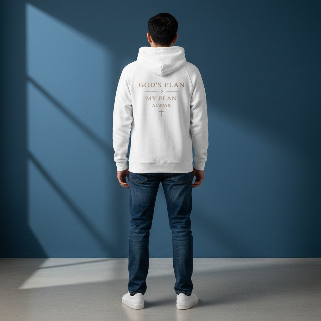 Omina Faith Over Fear white zip hoodie with God's Plan text on back, worn by a man against a blue studio wall