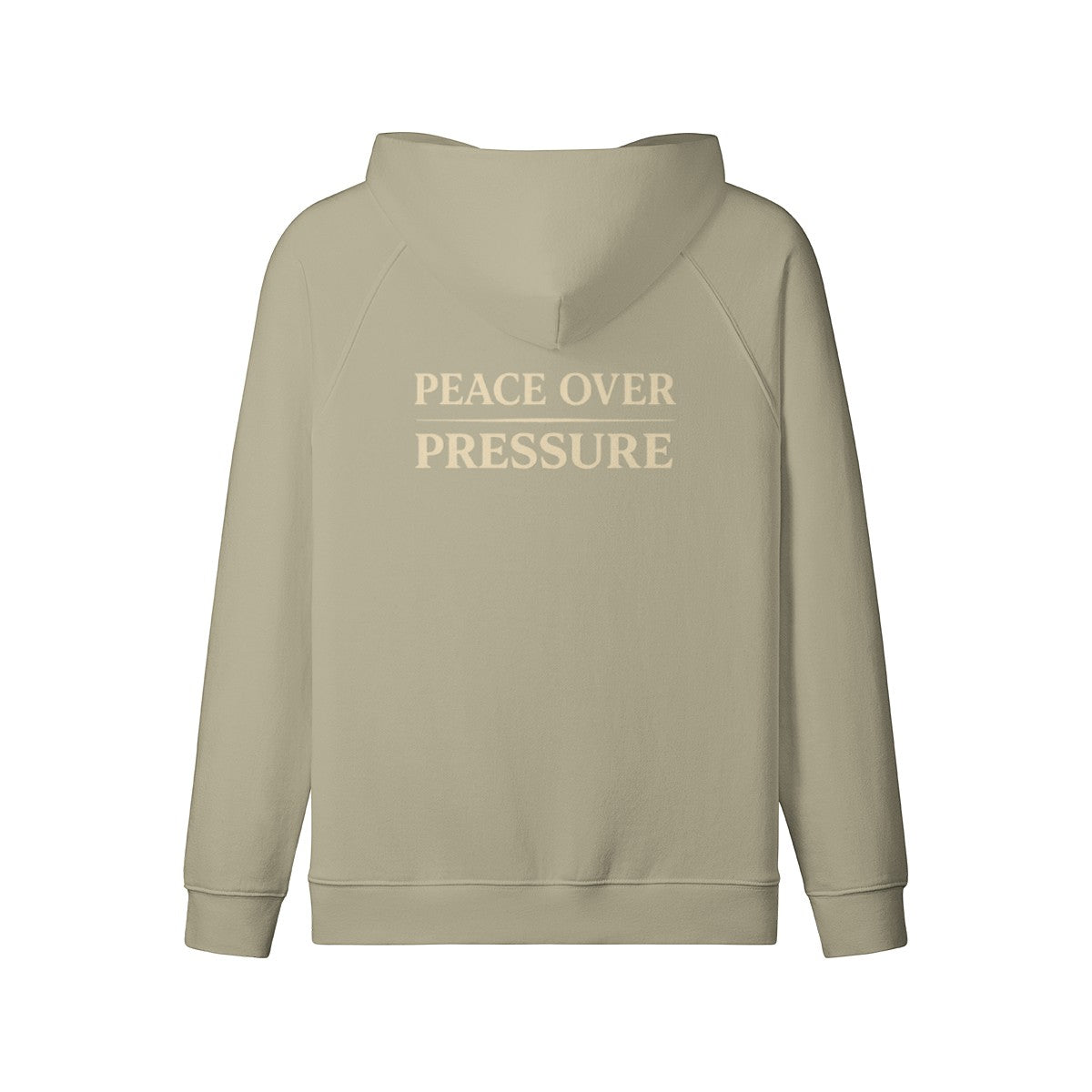 Omina Women's oversized full-zip hoodie in light beige, made of 100% combed cotton with brushed fleece interior and "PEACE OVER PRESSURE" graphic.