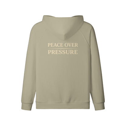 Omina Women's oversized full-zip hoodie in light beige, made of 100% combed cotton with brushed fleece interior and "PEACE OVER PRESSURE" graphic.