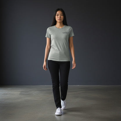 Omina grey soft-touch cotton blend women's tee with minimalist logo on left chest.