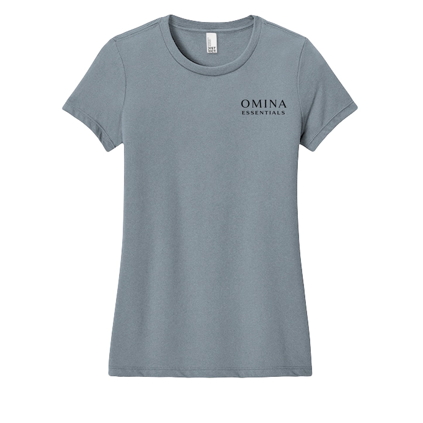 Omina women's grey short-sleeve crewneck tee with subtle Omina Essentials logo on left chest. Soft, lightweight fabric.