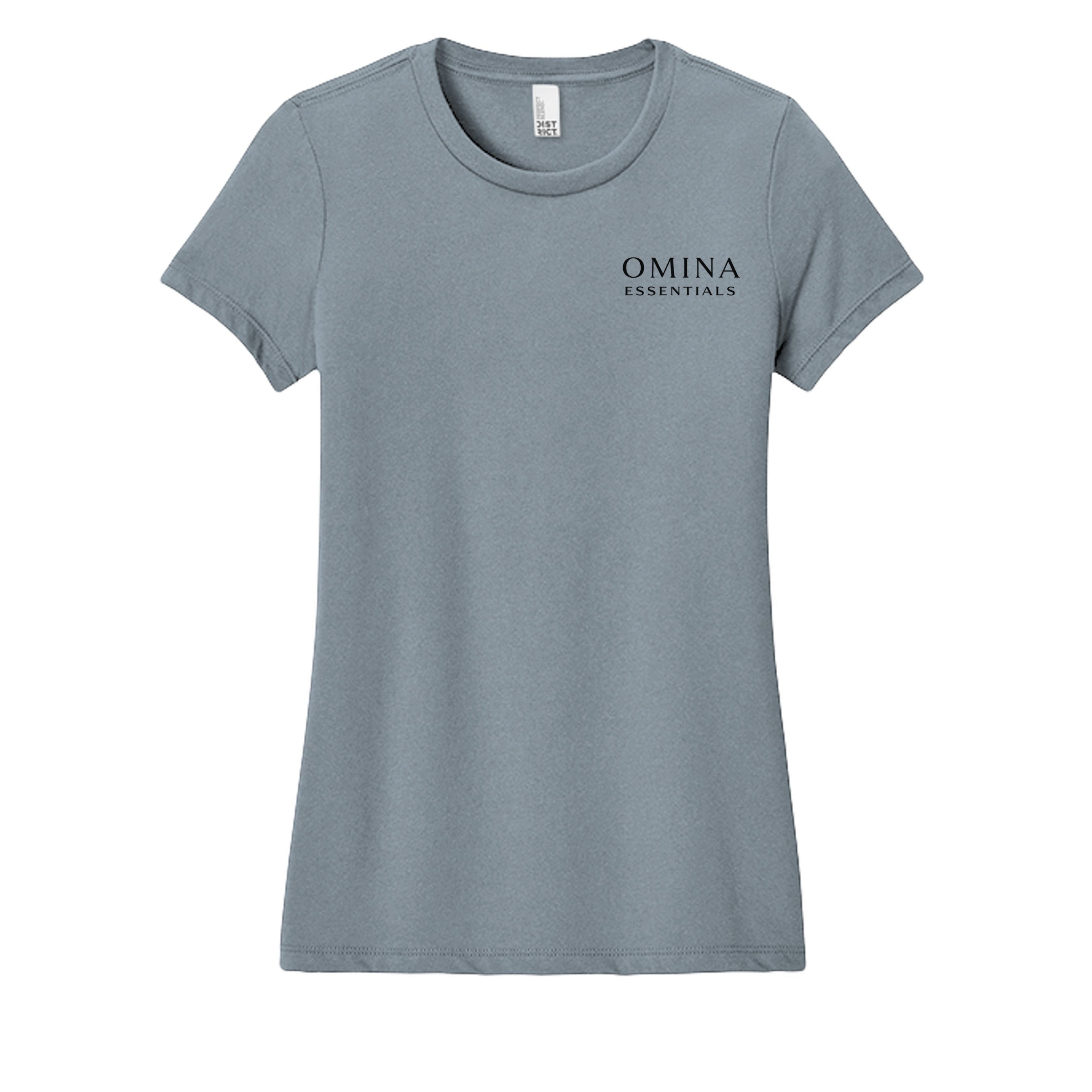 Omina women's grey short-sleeve crewneck tee with subtle Omina Essentials logo on left chest. Soft, lightweight fabric.