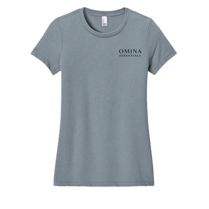 Omina women's grey short-sleeve crewneck tee with subtle Omina Essentials logo on left chest. Soft, lightweight fabric.
