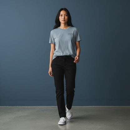 Omina women's grey soft-touch cotton blend t-shirt with minimalist logo on chest.