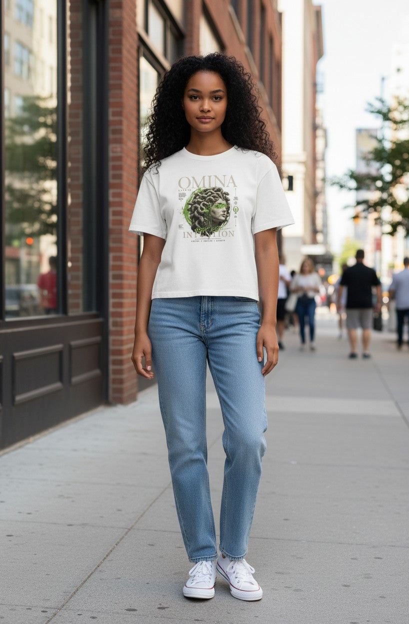 Omina Studio white heavyweight tee with a bold Medusa head graphic and