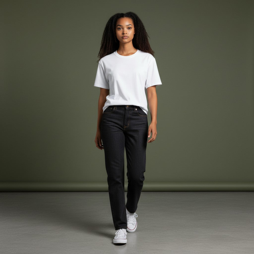 OMINA Essentials Women’s dark wash high-rise skinny jeans made from soft stretch denim for comfort and movement.