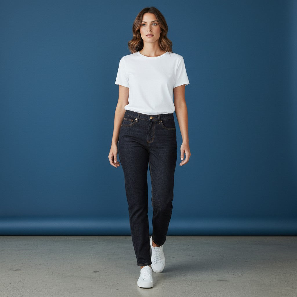 OMINA Essentials Women’s dark wash high-rise skinny jeans made from soft stretch denim for comfort and movement.