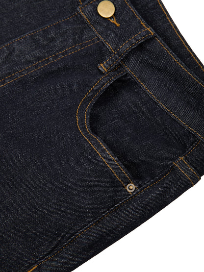 OMINA Essentials Women’s dark wash high-rise skinny jeans with gold button and contrast stitching.