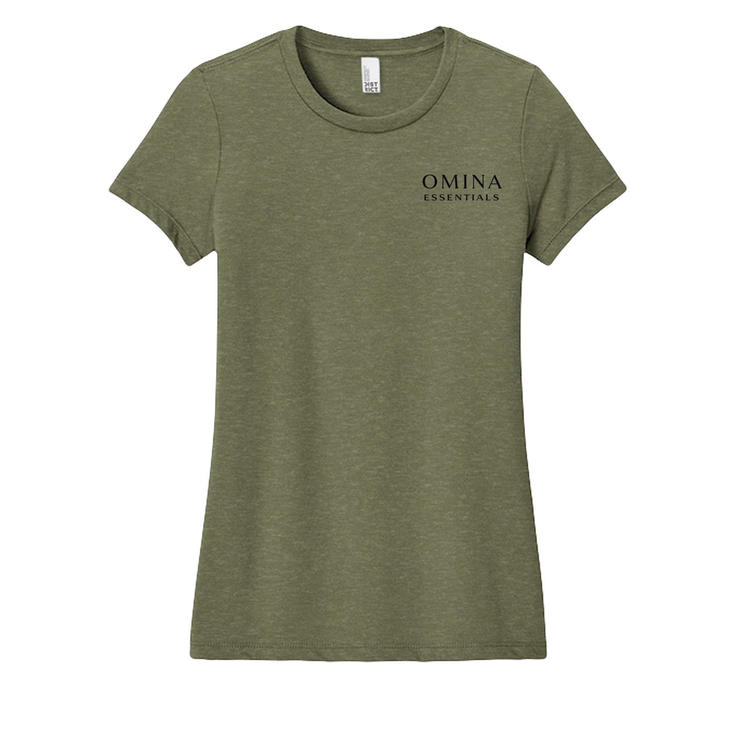Omina Essentials soft green heathered women's crew neck t-shirt with minimalist logo on left chest.