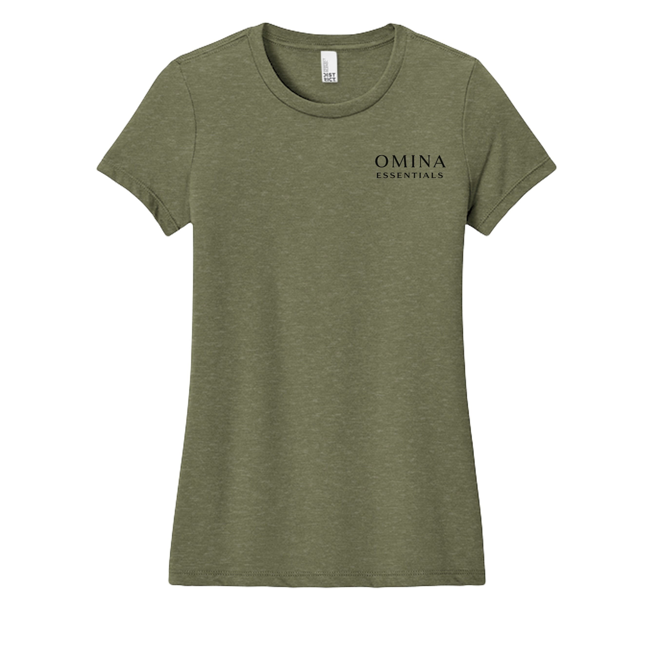 Omina Essentials soft green heathered women's crew neck t-shirt with minimalist logo on left chest.