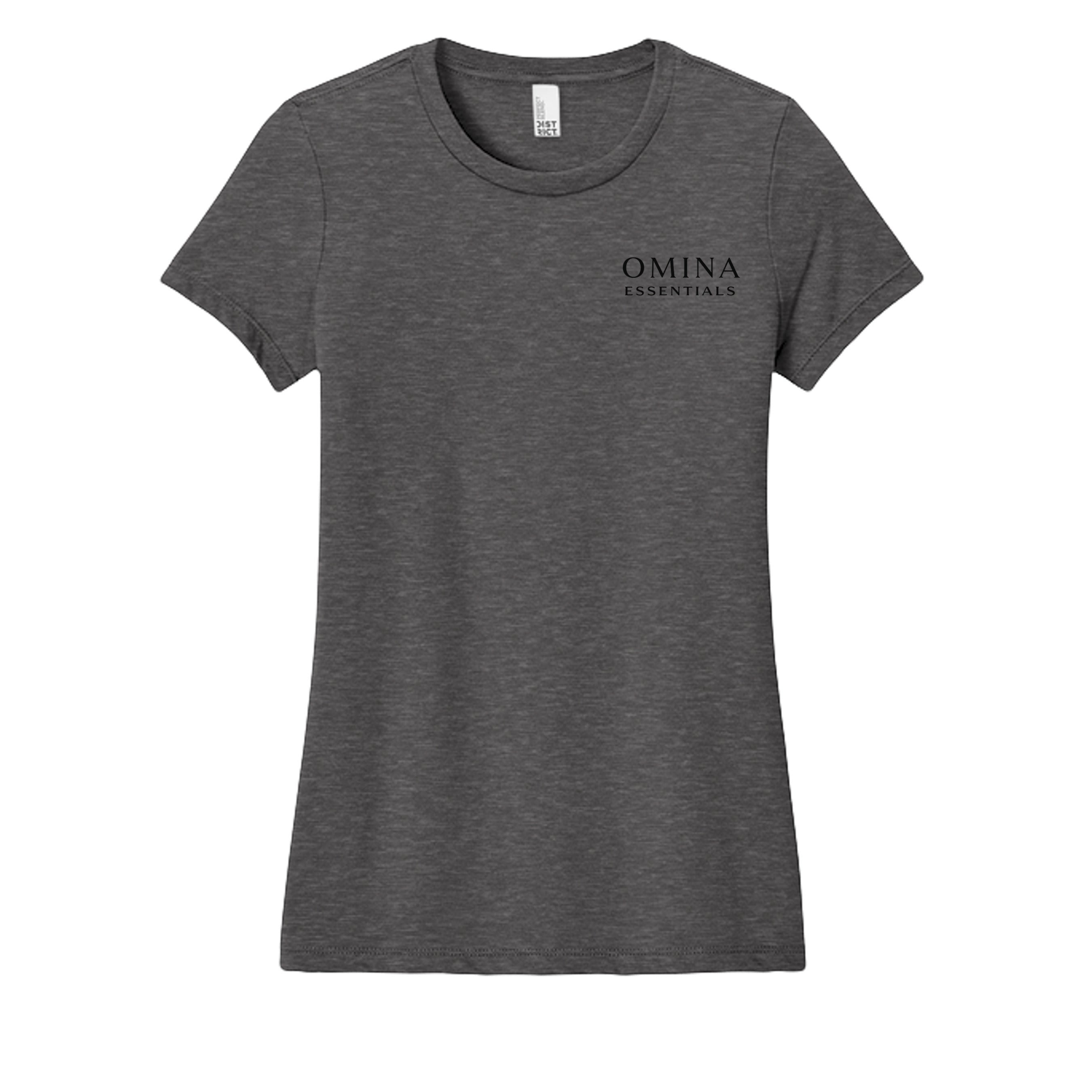 Omina charcoal grey soft-touch women's tee with a modern fit and minimalist logo on the chest.