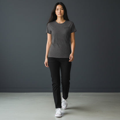 Omina charcoal grey soft-touch women's tee with a modern fit and minimalist Omina Essentials logo on the left chest.