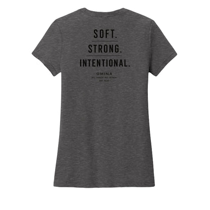 Omina dark grey heathered cotton blend women's tee with "SOFT. STRONG. INTENTIONAL." text on back.