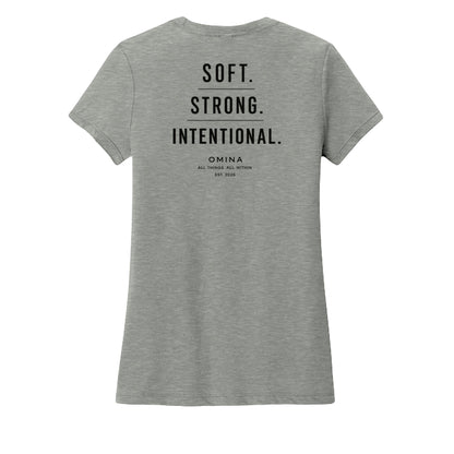 Omina grey soft cotton women's t-shirt with 'SOFT. STRONG. INTENTIONAL.' text on back.
