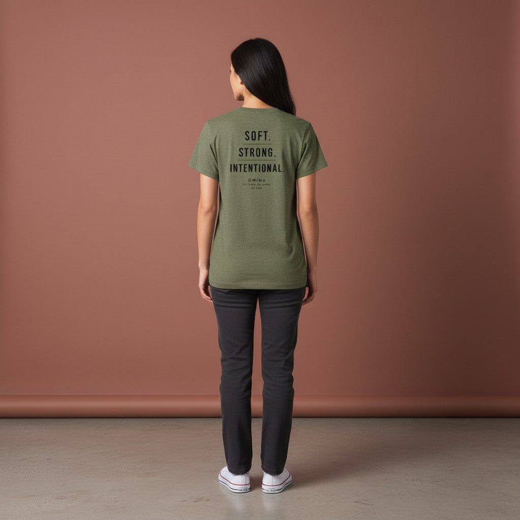 Omina women's olive green heathered short-sleeve tee with "SOFT. STRONG. INTENTIONAL." text on back.