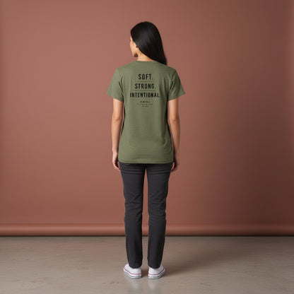 Omina women's olive green heathered short-sleeve tee with "SOFT. STRONG. INTENTIONAL." text on back.