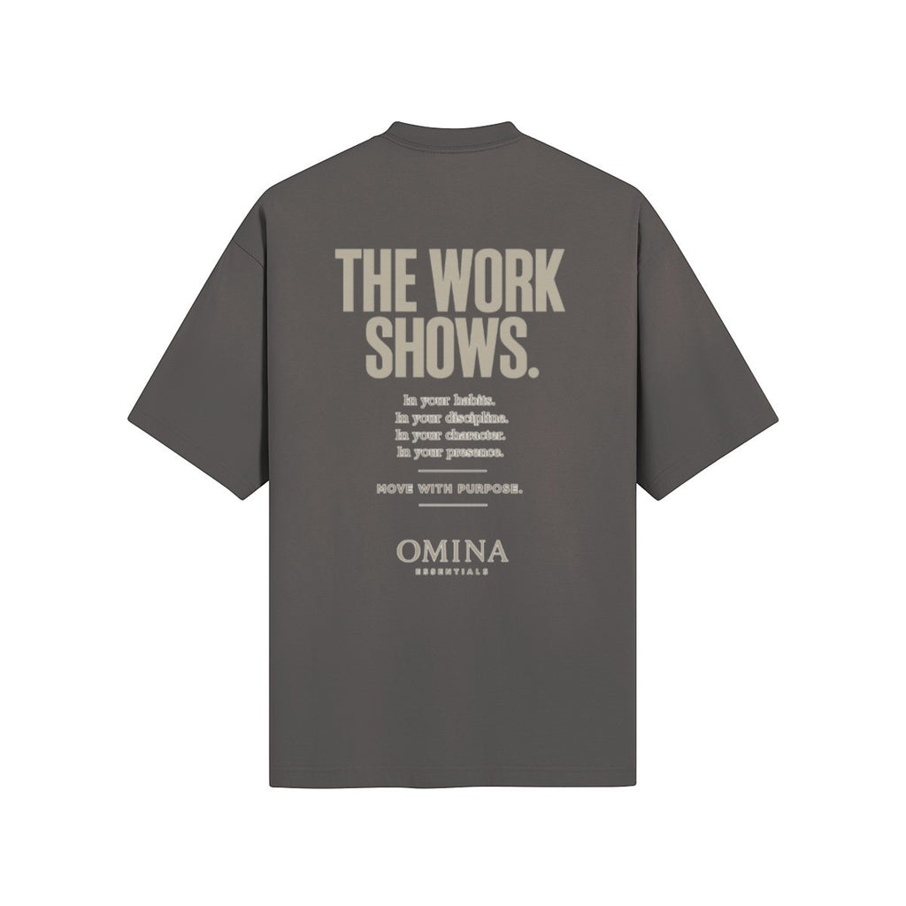 Omina grey cotton t-shirt with 'The Work Shows' graphic print on back. Minimalist design.