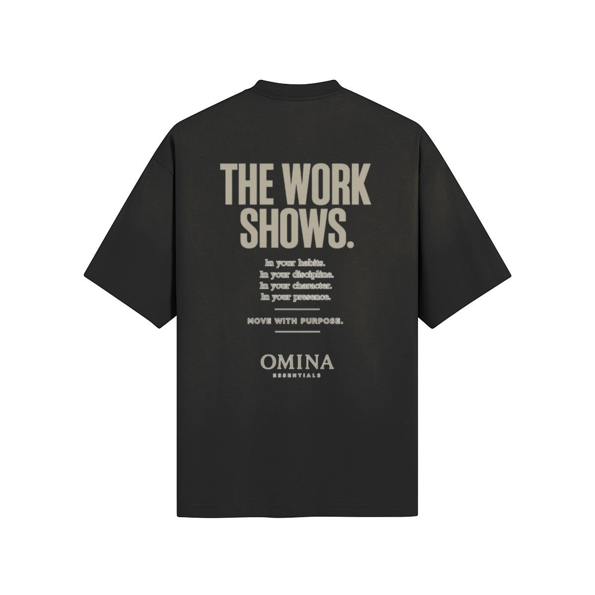 Omina black cotton t-shirt with "THE WORK SHOWS." graphic text and minimalist logo.