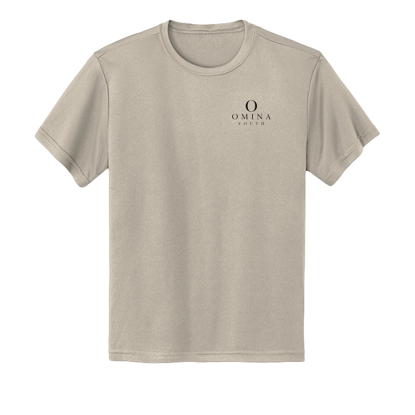 Omina youth beige performance t-shirt with small black logo on chest, made from moisture-wicking polyester fabric.