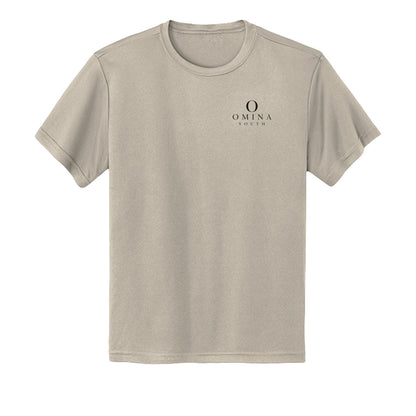 Omina youth beige performance t-shirt with small black logo on chest, made from moisture-wicking polyester fabric.