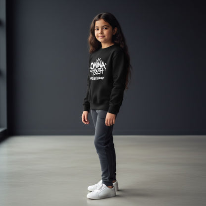 Omina Youth black crewneck sweatshirt with white graffiti-style logo and "Next Gen Energy" text.