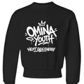 Omina Youth black crewneck sweatshirt with white graffiti-style logo and "Next Gen Energy" text.