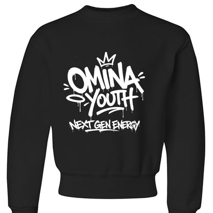 Omina Youth black crewneck sweatshirt with white graffiti-style logo and "Next Gen Energy" text.