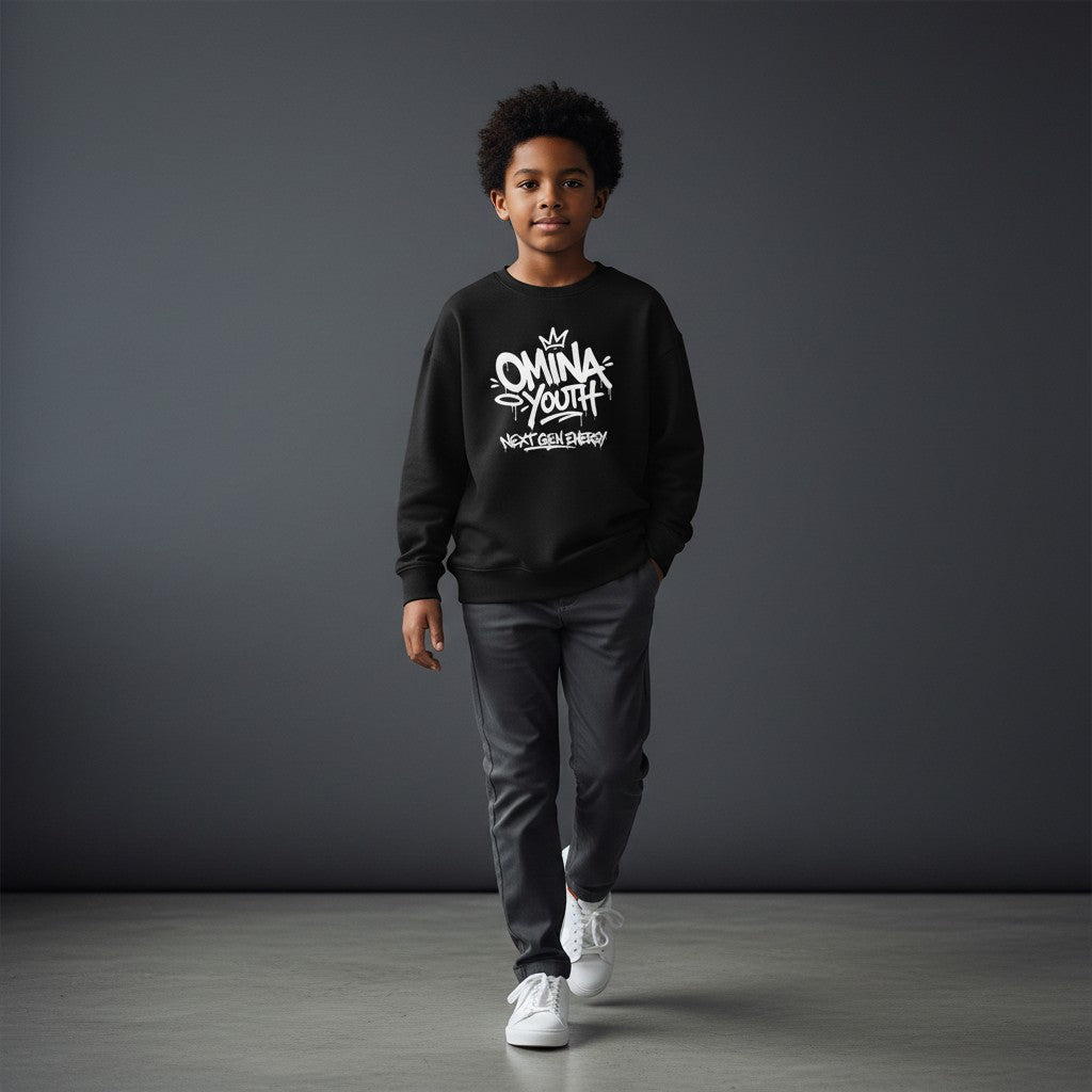 Omina Youth black crewneck sweatshirt with white graffiti-style logo and "Next Gen Energy" text.