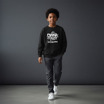 Omina Youth black crewneck sweatshirt with white graffiti-style logo and "Next Gen Energy" text.
