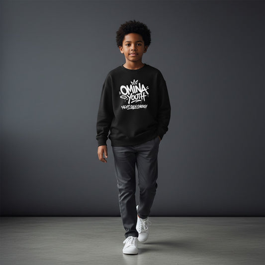 Omina Youth black crewneck sweatshirt with white graffiti-style logo and "Next Gen Energy" text.