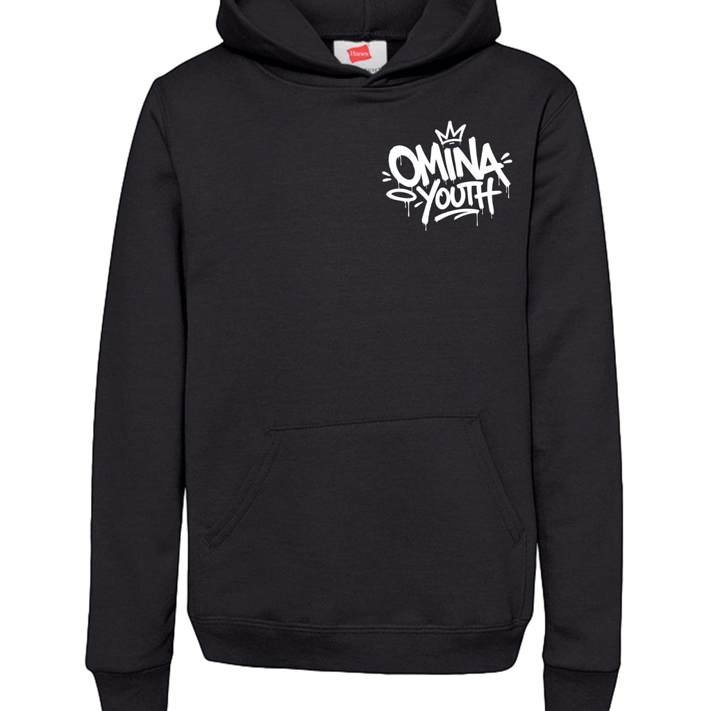 Omina black heavyweight cotton youth hoodie with graffiti-style logo on chest. Relaxed fit.
