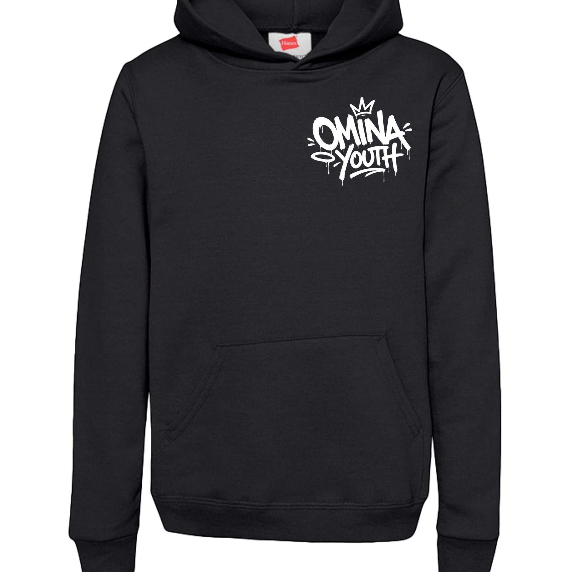 Omina black heavyweight cotton youth hoodie with graffiti-style logo on chest. Relaxed fit.