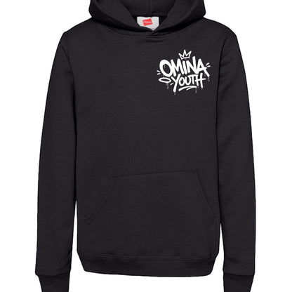 Omina black heavyweight cotton youth hoodie with graffiti-style logo on chest. Relaxed fit.