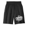 Omina Youth black relaxed fit shorts with white graffiti-style logo on the left leg. Elastic waistband.