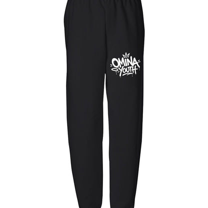 Omina Youth black sweatpants with white graffiti logo on left thigh. Relaxed fit, premium fabric, adjustable waistband.