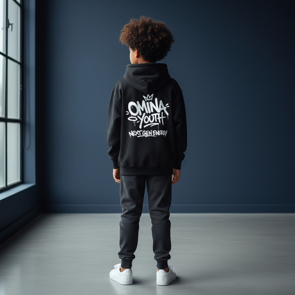 Omina Youth black cotton sweatshirt with white graffiti-style logo and "Next Gen Energy" text on back.