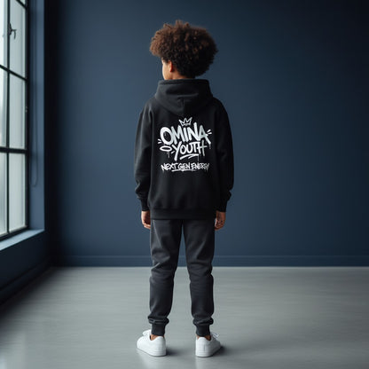 Omina Youth black cotton sweatshirt with white graffiti-style logo and "Next Gen Energy" text on back.