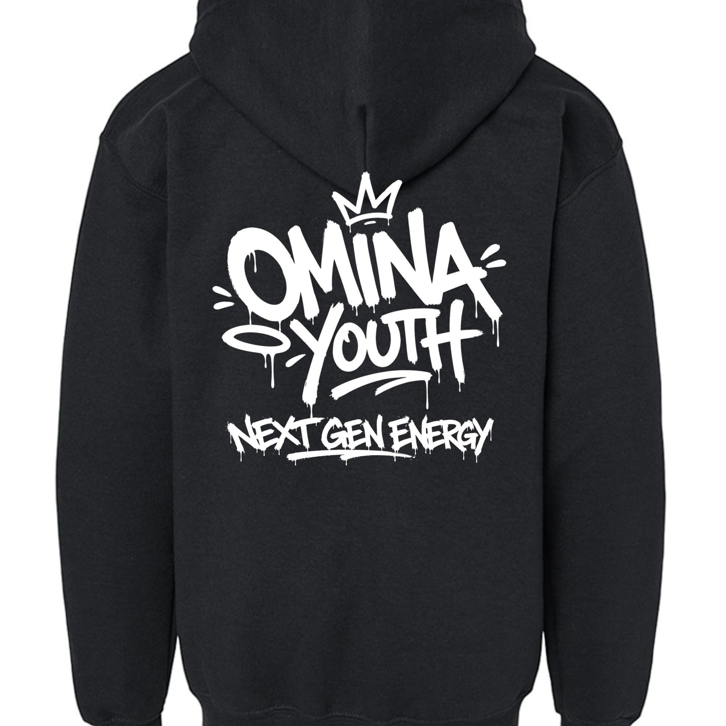 Omina Youth black cotton sweatshirt with white graffiti-style logo and "Next Gen Energy" text.