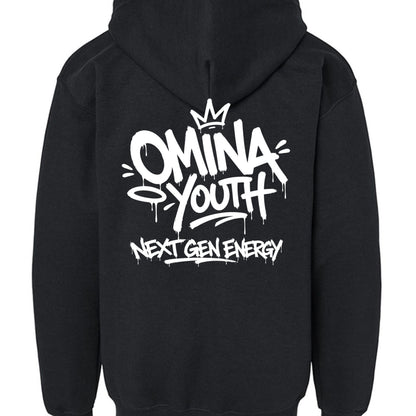 Omina Youth black cotton sweatshirt with white graffiti-style logo and "Next Gen Energy" text.