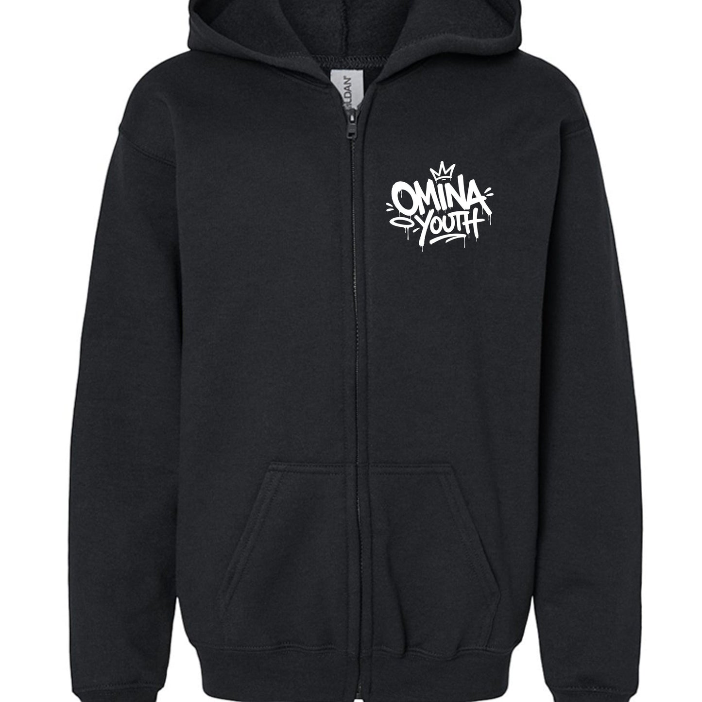 Omina Youth black zip-up hoodie with white graffiti-style logo on chest. Relaxed fit, soft interior, streetwear silhouette.