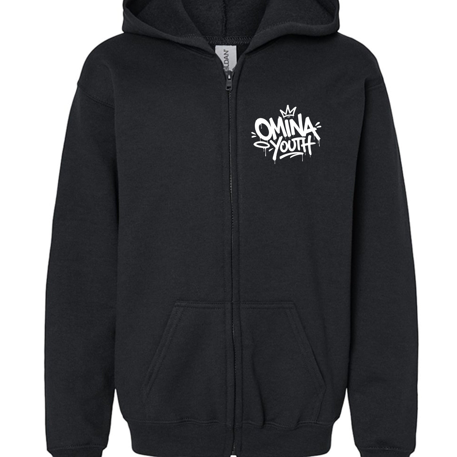 Omina Youth black zip-up hoodie with white graffiti-style logo on chest. Relaxed fit, soft interior, streetwear silhouette.
