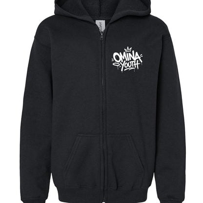 Omina Youth black zip-up hoodie with white graffiti-style logo on chest. Relaxed fit, soft interior, streetwear silhouette.