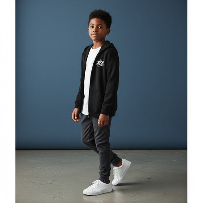 Omina Youth black zip-up hoodie with white graffiti-style logo on chest. Relaxed fit, soft interior, streetwear silhouette.
