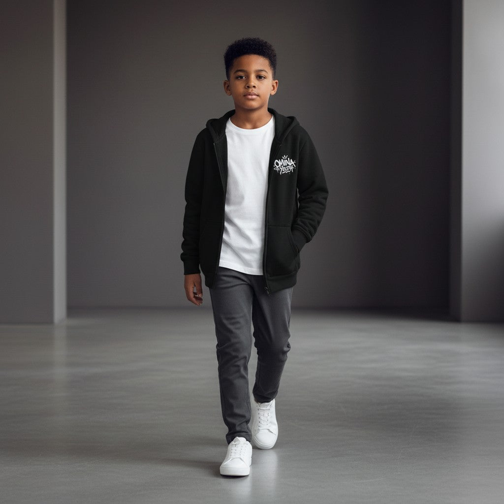 Omina Youth black zip-up hoodie with white graffiti-style logo on chest. Relaxed fit, soft interior, streetwear silhouette.