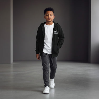 Omina Youth black zip-up hoodie with white graffiti-style logo on chest. Relaxed fit, soft interior, streetwear silhouette.