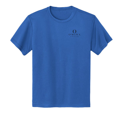 Omina youth blue performance tee with moisture-wicking fabric and small black logo on the chest.